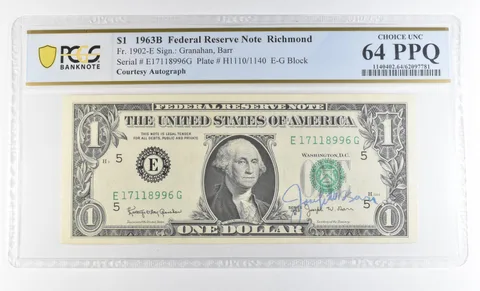 1963 B 64 $1 Richmond VA FRN Courtesy Autograph FR#1902-E PPQ PCGS Barr *0625