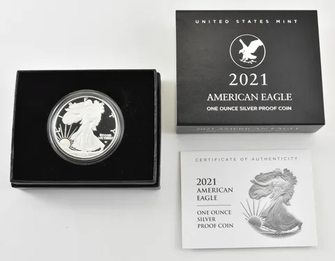 2021-W American Silver Eagle Type 2 PROOF 1 Oz Silver - Coin & Box & COA