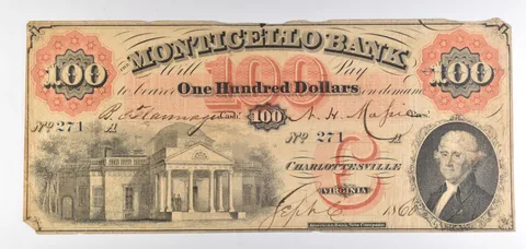 1860 $100 Monticello Bank Charlottesville VA Banknote a2837