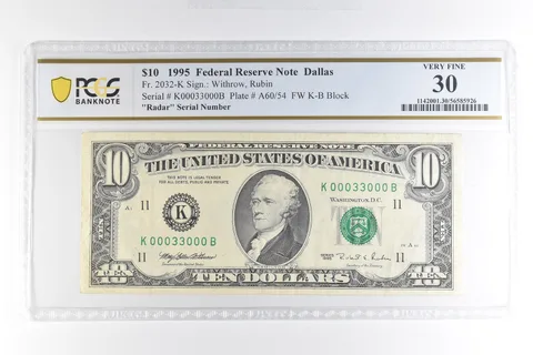 1995 $10 Dallas TX FRN Radar Serial Number Fr#2032-K Very Fine 30 PCGS *4948