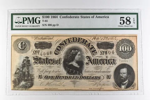 1864 $100 Confederate States of America T-65 Choice About Unc 58 EPQ PMG *0970