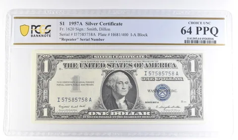 1957 A $1 Silver Certificate Fr#1620 Repeater Serial Unc 64 PPQ PCGS a6122