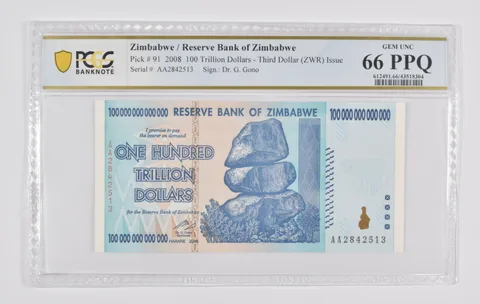 2008 Zimbabwe 100 Trillion Dollars, Authentic P-91, PCGS 66 PPQ Gem UNC