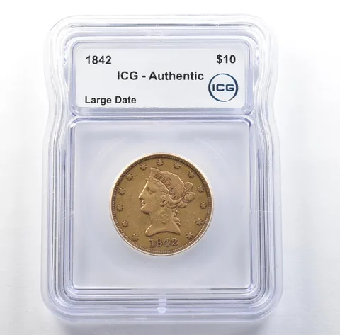 1842 $10 Liberty Head Gold Eagle Large Date Authentic ICG *3079