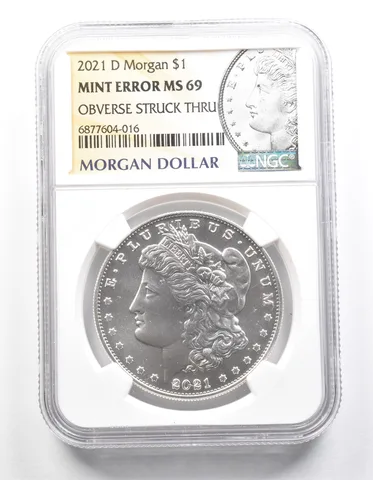 2021-D Morgan Silver Dollar Mint Error Obverse Struck Thru MS69 NGC *1350