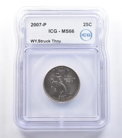 2007-P Washington State Quarter Wyoming Mint Error Struck Thru MS66 ICG *9579
