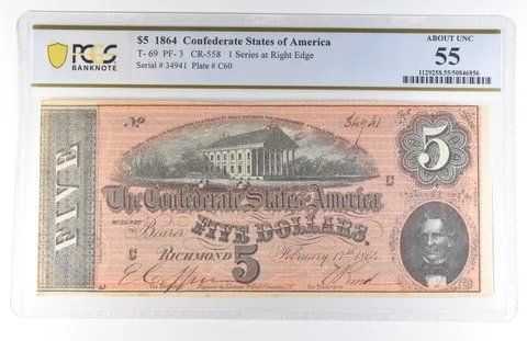 1864 $5 Confederate States Of America T-69 PF-3 CR-558 About Unc 55 PCGS *8140