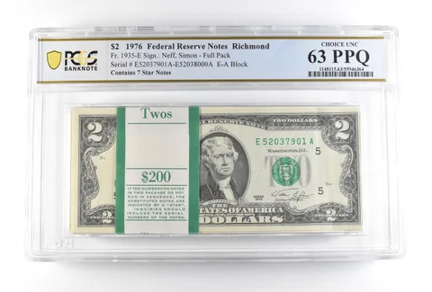 1976 $2 Richmond VA FRN Full Pack Fr#1935-E Choice Unc 63 PPQ PCGS *2510