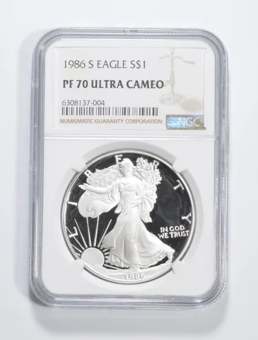 1986-S American Silver Eagle 1 Oz PF70 UCAM NGC Brown Label