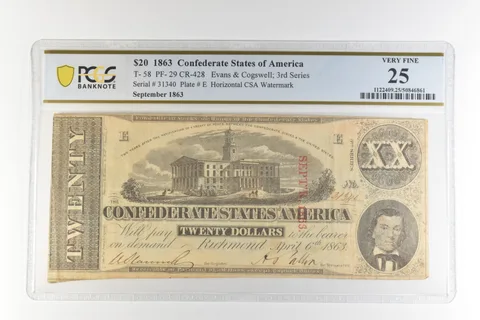 1863 $20 Confederate States America T-58 PF-29 CR-428 Very Fine 25 PCGS *4478