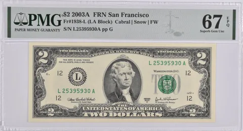 $2 2003-A San Francisco CA US FRN PMG Superb Gem Unc 67 EPQ Fr#1938-L