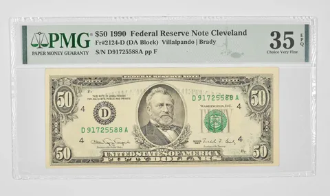 $50 1990 Cleveland OH FRN PMG 35 VF Fr# 2124-D (DA Block) Wet Transfer Err *0926