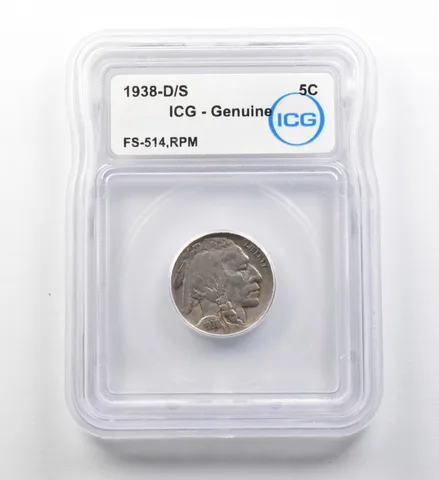 1938-D/S Indian Head Buffalo Nickel FS-514 RPM Genuine ICG ERROR *8186
