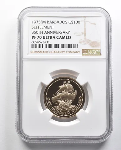 PF70 UCAM 1975 FM Barbados $100 Gold Settlement 350th Anniversary NGC *9778