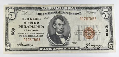 1929 $5 National Currency Note Philadelphia PA Ch#539 *8555