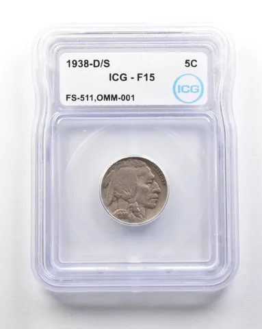 1938-D/S Indian Head Buffalo Nickel Mint Error FS-511 OMM-001 F15 ICG *1701