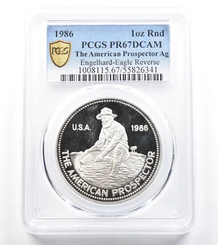 1986 1 Oz Silver Engelhard Prospector Round Eagle Reverse PR67 PCGS *0745