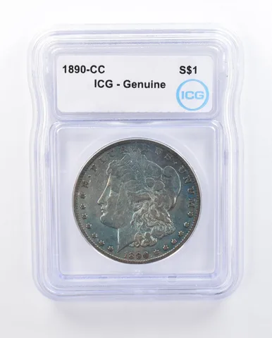 1890-CC Morgan Silver Dollar Genuine ICG Blue Tone a2682