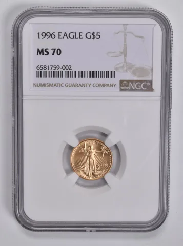 1996 $5 American Gold Eagle 1/10 Oz MS70 NGC Brown Label