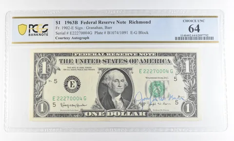 1963 B $1 Richmond VA FRN Courtesy Autograph FR#1902-E Unc 64 PCGS Barr *0628