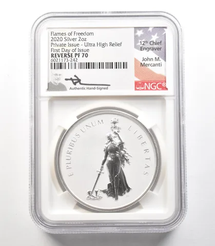 2020 2 Oz Silver Flames Of Freedom Mercanti Everhart FDOI Reverse PF70 NGC a4121