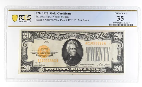1928 $20 Gold Certificate Fr#2402 Choice VF 35 PCGS *4624