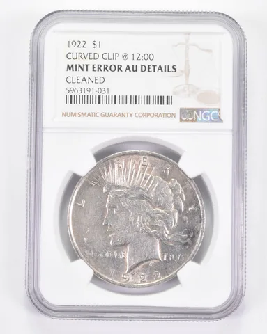 Mint Error AU Details 1922 Peace Silver Dollar - Curved Clip @ 12:00 NGC a8832
