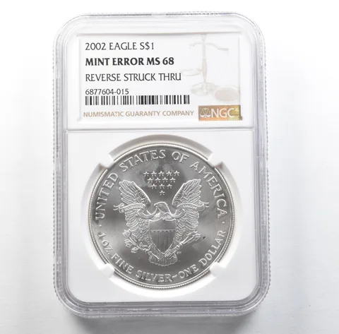 2002 American Silver Eagle Mint Error Reverse Struck Thru MS68 NGC *3152