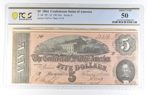 1864 $5 Confederate States Of America T-69 PF-10 CR-564 About Unc 50 PCGS *8129