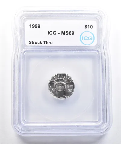1999 $10 American Platinum Eagle Struck Thru 1/10 Oz Platinum MS69 ICG *7404