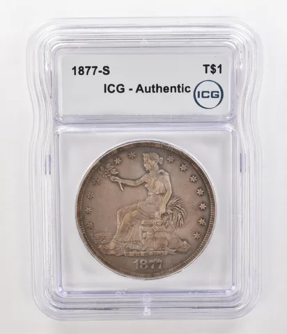 1877-S Seated Liberty Trade Dollar Authentic ICG Beautiful Tone *4761