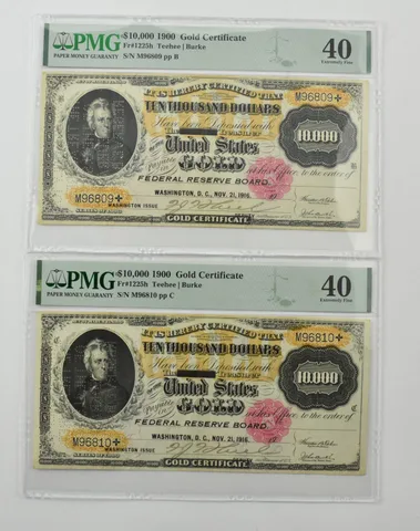 Lot (2) 1900 $10,000 Gold Certificate Fr#1225 H XF 40 PMG Consecutive *9443