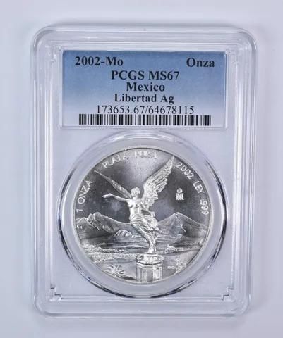 2002 Mo Mexico 1 Onza Silver Libertad MS67 PCGS Blue Label