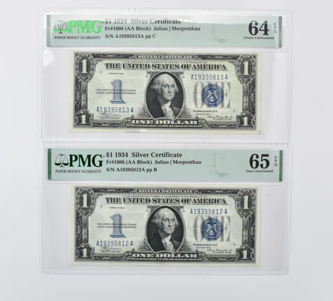 (2) 1934 $1 Silver Certificate Fr#1606 GU 65/CU 64 EPQ PMG Consecutive *7037