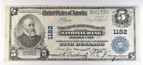 1902 $5 National Currency Note Jersey City NJ Ch#1182 Large Note a5642