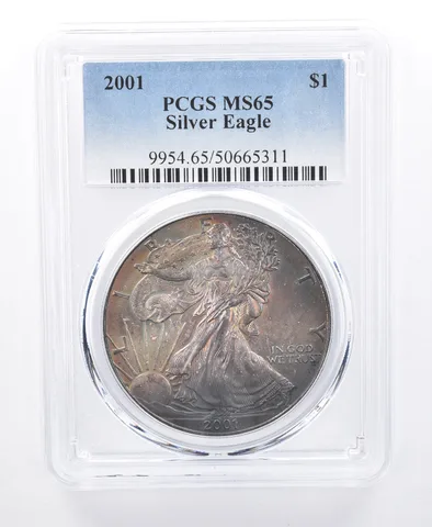 2001 American Silver Eagle MS65 PCGS Dark Rainbow Tone *8595
