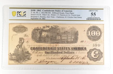 1862 $100 Confederate States Large Note T-40 PF-1 CR-298/300 AU 55 PCGS *4205