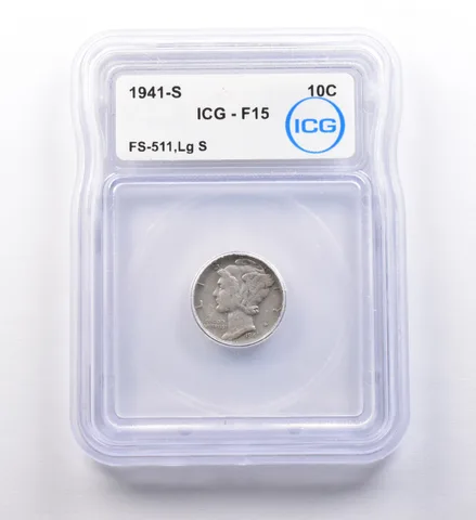 1941-S Mercury Dime FS-511 Large S F15 ICG *9711