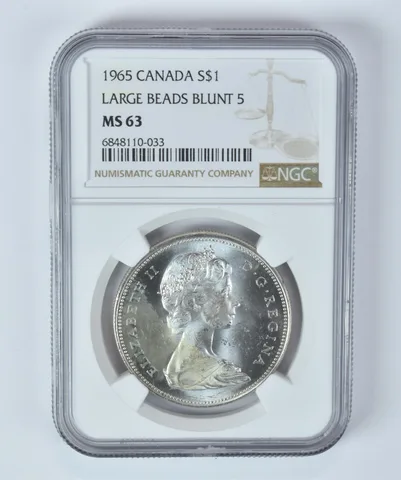 MS63 1965 Canada Silver Dollar Large Beads Blunt 5 NGC Beautifully Toned *5339
