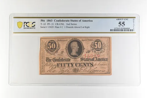1863 50 Cents Confederate States America T-63 PF-21 CR-UNL AU 55 PCGS *4474