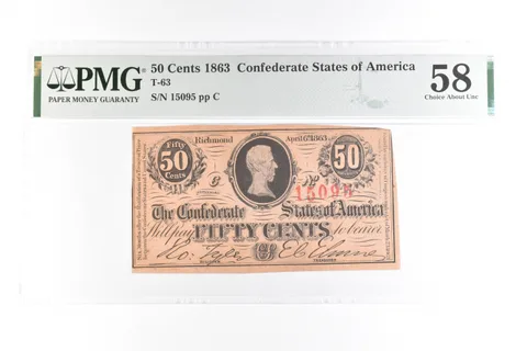 1863 50 Cents Confederate States Of America T-63 Choice About Unc 58 PMG *7631