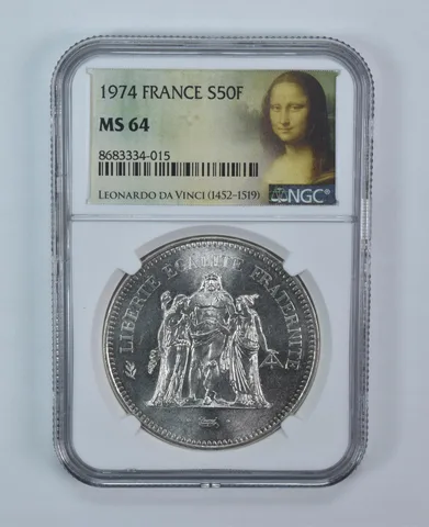 1974 France 50 Francs Silver MS64 NGC Mona Lisa Label