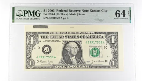 PMG 64 Choice Unc EPQ $1 2003 FRN Kansas City Fr#1928-J Misalignment Error *3206