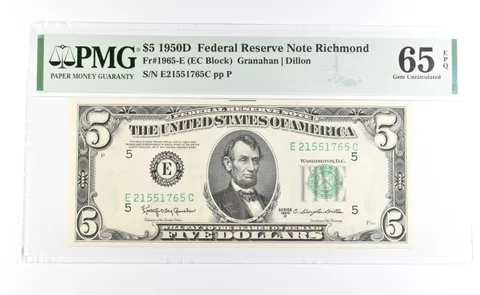 PMG 65 Choice Unc EPQ 1950 D $5 Richmond, VA US FRN Green Seal Fr#1965-E *1046
