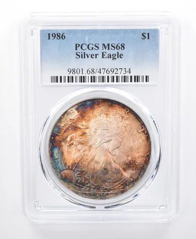 1986 American Silver Eagle MS68 PCGS Orange/Blue Tone *8616