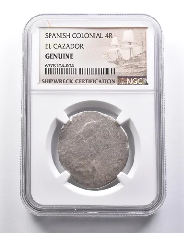 Genuine El Cazador Spanish Colonial 4 Reales NGC Shipwreck Certification *3688