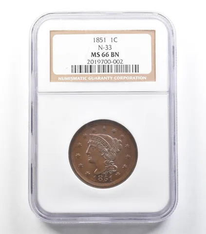 1851 Braided Hair Large Cent N-33 MS66 BN NGC *5850