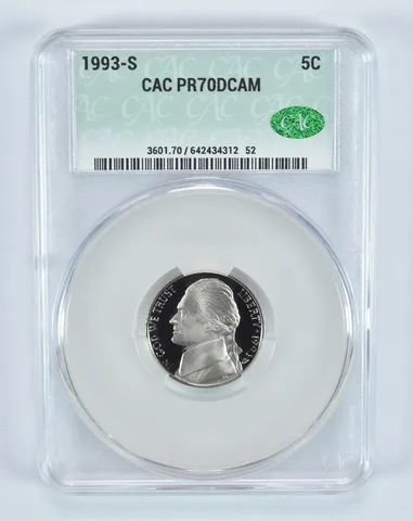 1993-S Jefferson Nickel PR70 DCAM CAC CACg
