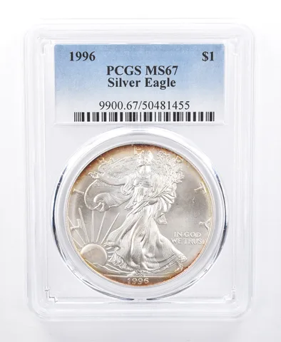 1996 American Silver Eagle MS67 PCGS Yellow Tone Reverse *8630