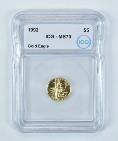 1992 $5 American Gold Eagle 1/10 Oz Gold MS70 ICG